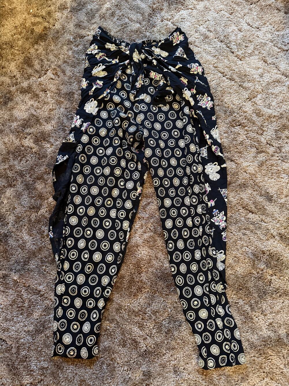 Vintage Globetrotters Wrap Around Harem Pants Boho Mixed Print Black White
